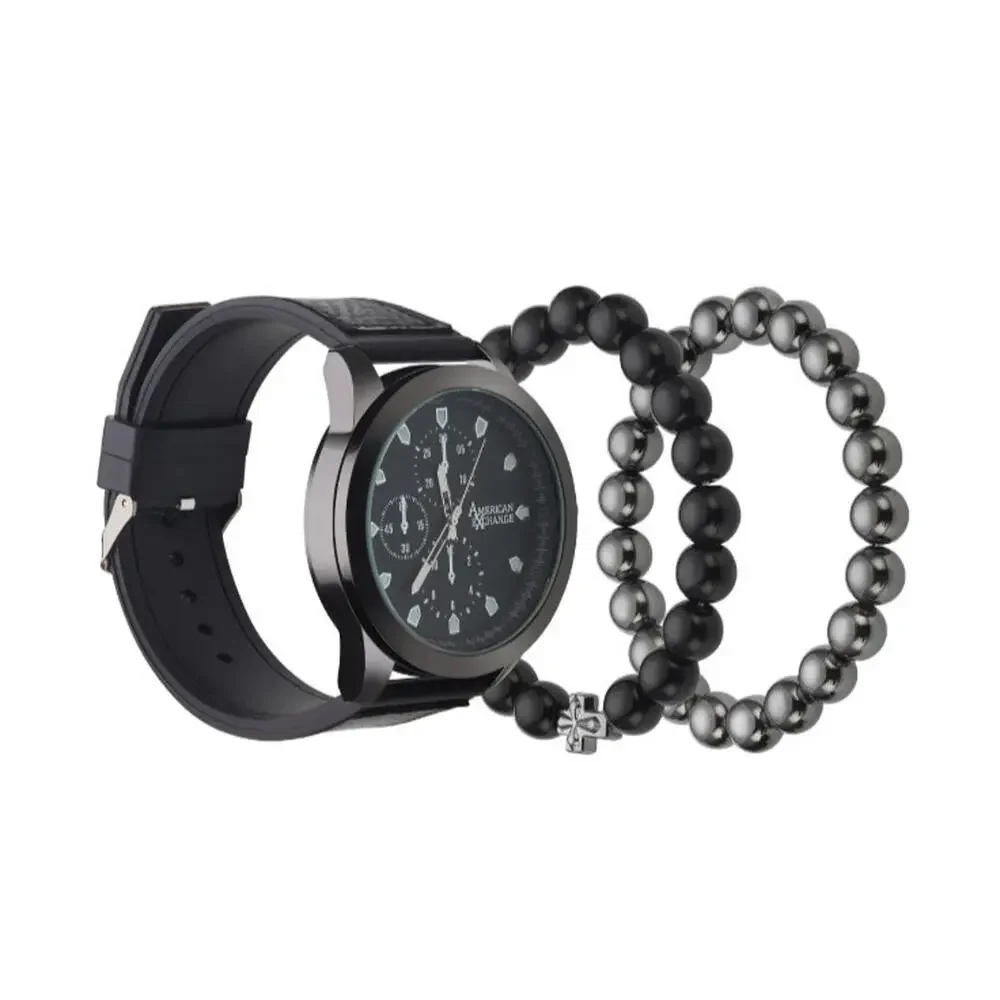NWT American Exchange Men's Black Watch 47mm Gift Set Cross Bracelet